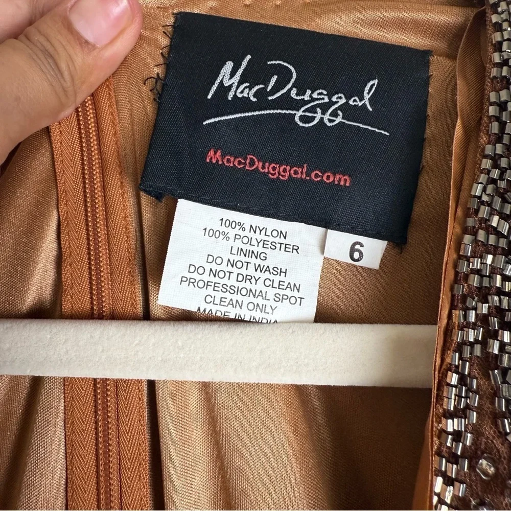 Mac Duggal Mocha Brown Beaded Long Sleeve Tulle Midi Cocktail Dress - Picture 6 of 14